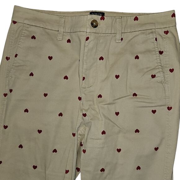 J. Crew High Rise Cream Pants with Red Heart Pattern - Picture 2 of 8